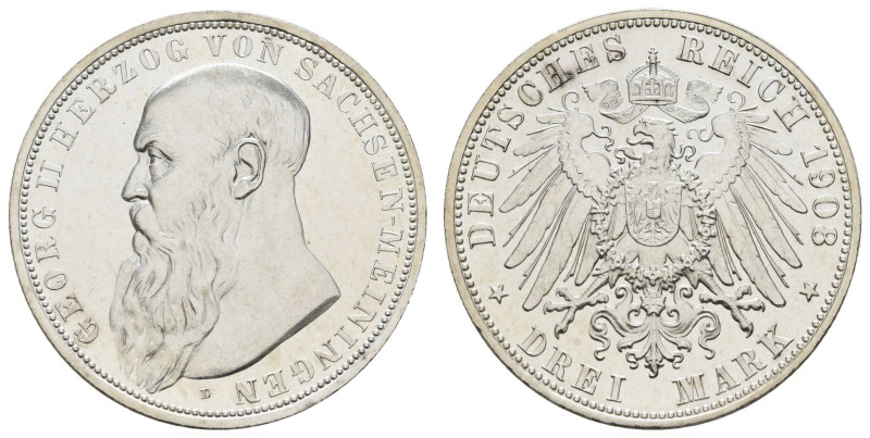 Silbermünzen des Kaiserreichs Sachsen-Meiningen
 3 Mark, 1908, Georg II., wz. K...