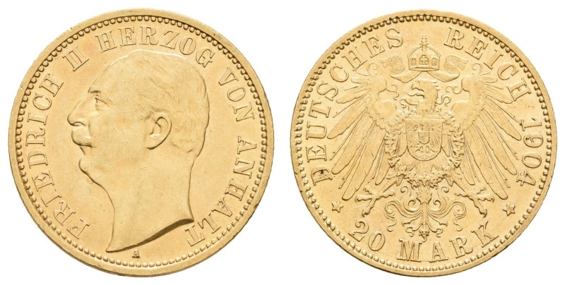 Goldmünzen des Kaiserreichs Anhalt
 20 Mark, 1904, Friedrich II., kl. Rf., f. v...