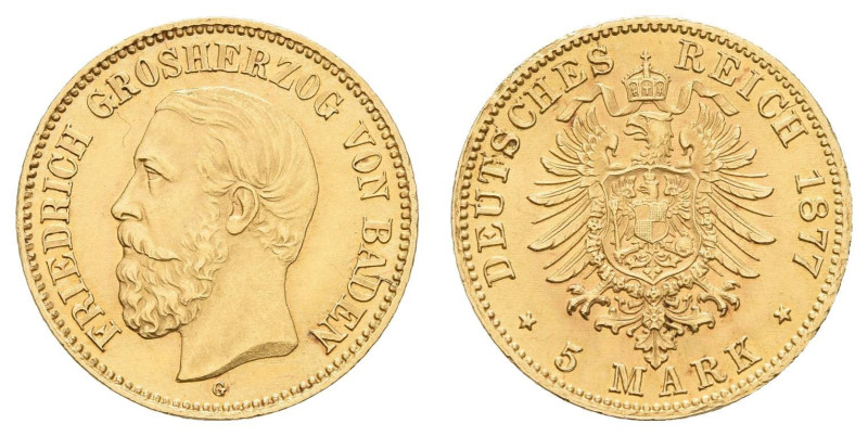 Goldmünzen des Kaiserreichs Baden
 5 Mark, 1877, Friedrich I., kl. Rf., vz-st. ...