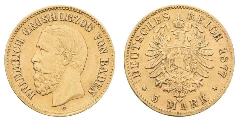 Goldmünzen des Kaiserreichs Baden
 5 Mark, 1877, Friedrich I., kl. Rf., ss. J. ...