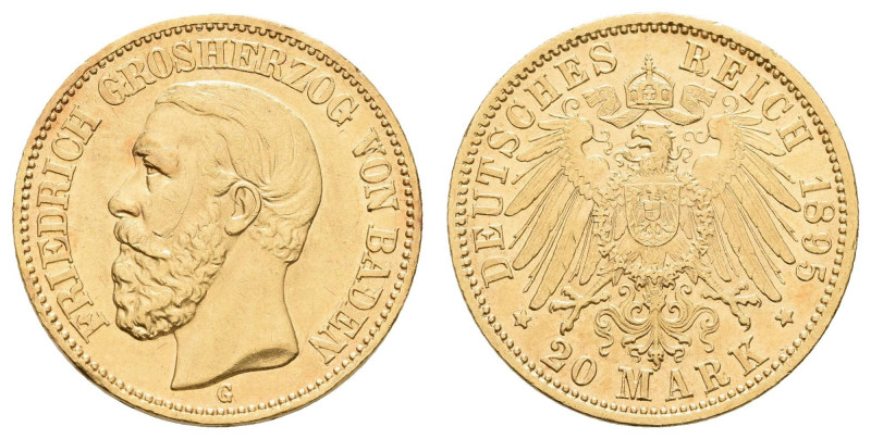 Goldmünzen des Kaiserreichs Baden
 20 Mark, 1895, Friedrich I., kl. Rf. und Kra...