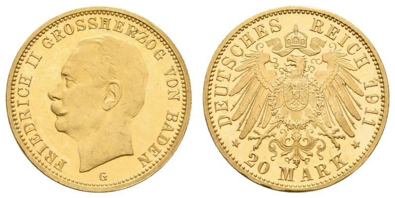 Goldmünzen des Kaiserreichs Baden
 20 Mark, 1911, Friedrich II., PP. J. 192