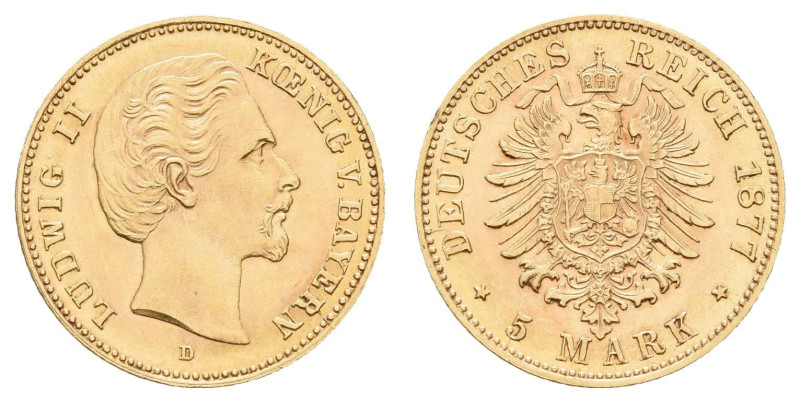 Goldmünzen des Kaiserreichs Bayern
 5 Mark, 1877, Ludwig II., kl. Rf., vz. J. 1...