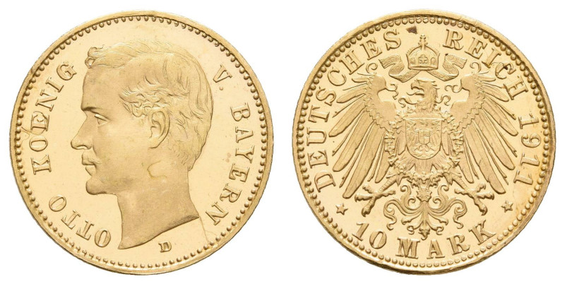 Goldmünzen des Kaiserreichs Bayern
 10 Mark, 1911, Otto, Kratzer, zaponiert, PP...