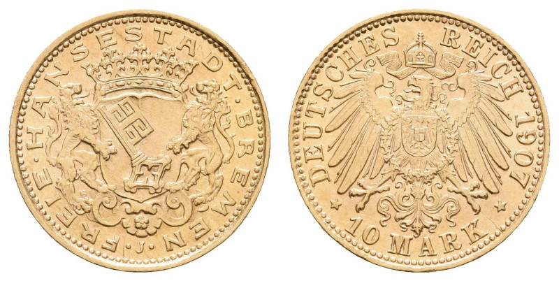 Goldmünzen des Kaiserreichs Bremen
 10 Mark, 1907, kl. Rf., vz-st. J. 204