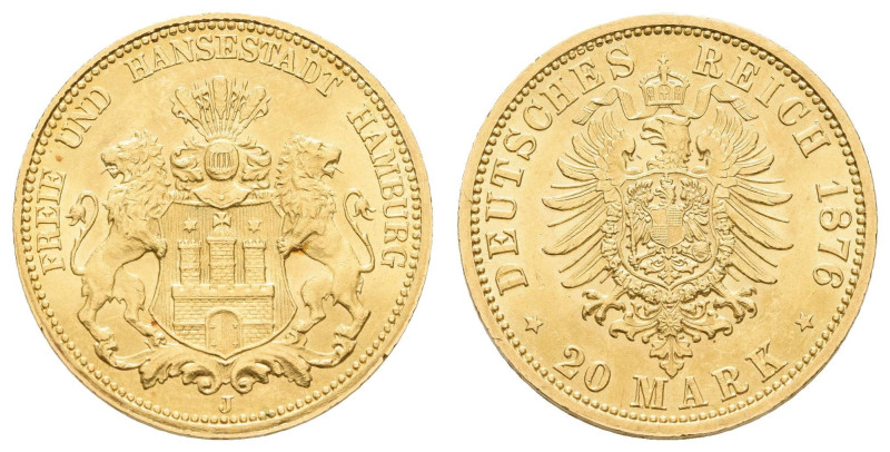 Goldmünzen des Kaiserreichs Hamburg
 20 Mark, 1876, kl. Rf., vz. J. 210