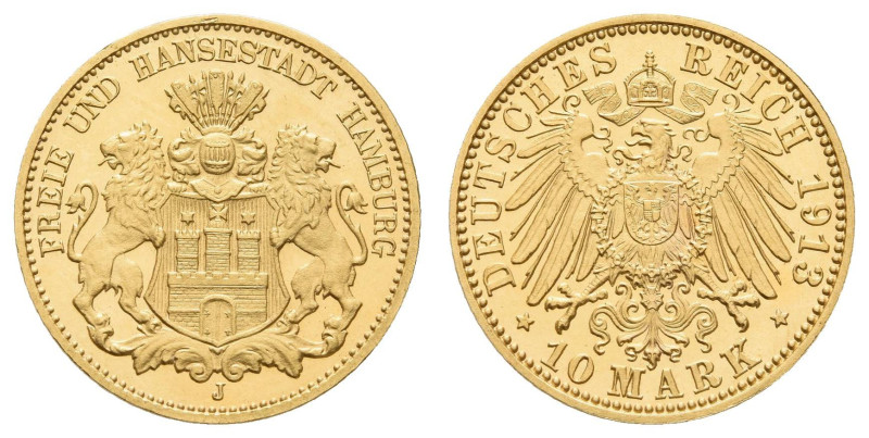 Goldmünzen des Kaiserreichs Hamburg
 10 Mark, 1913, PP. J. 211