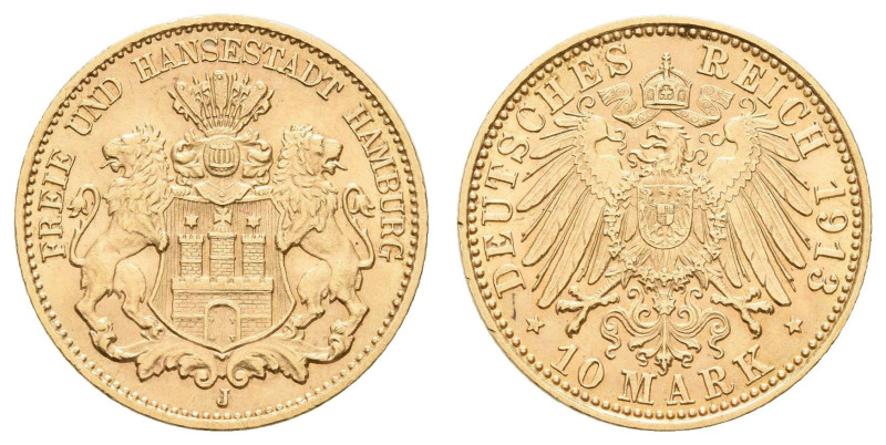 Goldmünzen des Kaiserreichs Hamburg
 10 Mark, 1913, vz. J. 211