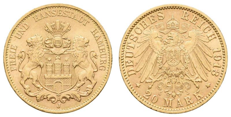 Goldmünzen des Kaiserreichs Hamburg
 20 Mark, 1913, wz. Rf., vz. J. 212