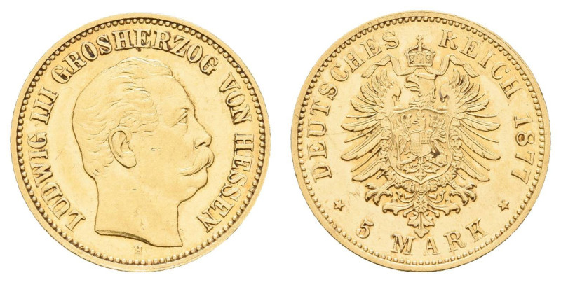 Goldmünzen des Kaiserreichs Hessen
 5 Mark, 1877, Ludwig III., kl. Rf., gereini...