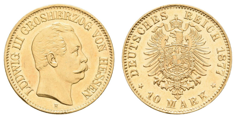 Goldmünzen des Kaiserreichs Hessen
 10 Mark, 1877, Ludwig III., kl. Rf., vz-st....