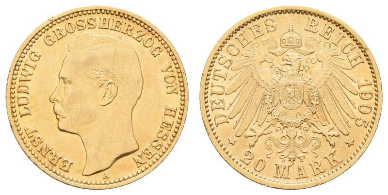 Goldmünzen des Kaiserreichs Hessen
 20 Mark, 1905, Ernst Ludwig, kl. Rf., vz. J...