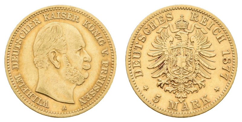 Goldmünzen des Kaiserreichs Preussen
 5 Mark, 1877, A. kl. Rf., gereinigt, ss. ...