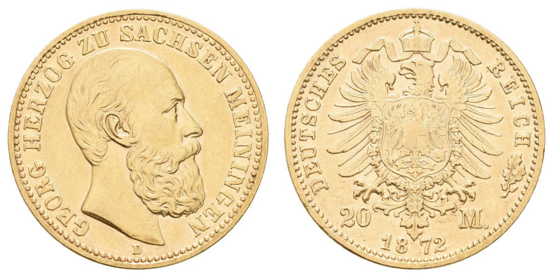 Goldmünzen des Kaiserreichs Sachsen-Meiningen
 20 Mark, 1872, Georg II., kl. Rf...