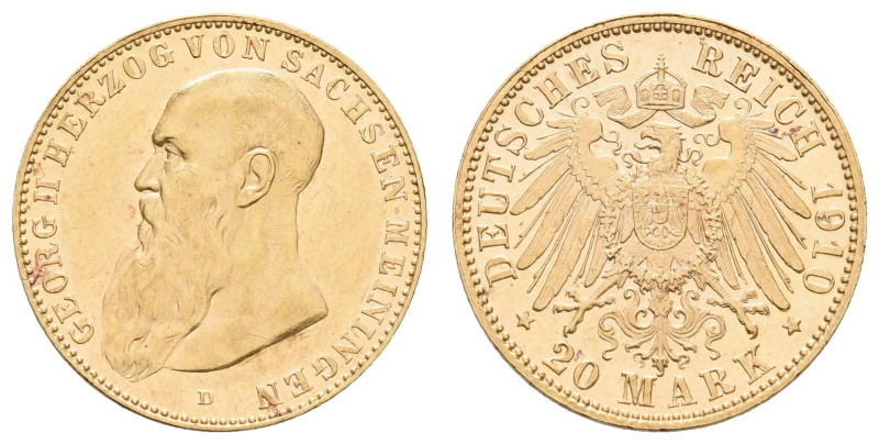 Goldmünzen des Kaiserreichs Sachsen-Meiningen
 20 Mark, 1910, Georg II., kl. Kr...