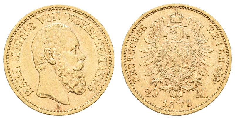 Goldmünzen des Kaiserreichs Württemberg
 20 Mark, 1872, Karl, kl. Rf., vz+. J. ...