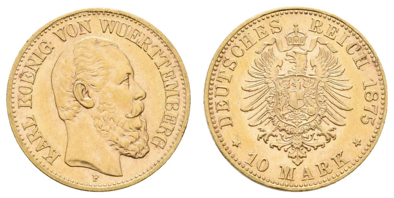 Goldmünzen des Kaiserreichs Württemberg
 10 Mark, 1875, Karl, kl. Rf., vz-st. J...