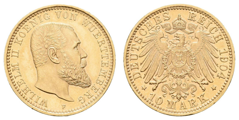 Goldmünzen des Kaiserreichs Württemberg
 10 Mark, 1904, Karl, wz. Rf., leicht b...