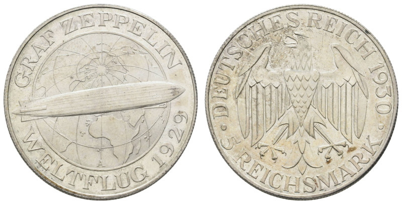 Münzen Weimar
 5 Reichsmark, 1930, A, Zeppelin, wz. Kr., wz. Rf., PP. J. 343