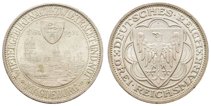 Münzen Weimar
 3 Reichsmark, 1931, Magdeburg, min. Kr., vz, J. 347.