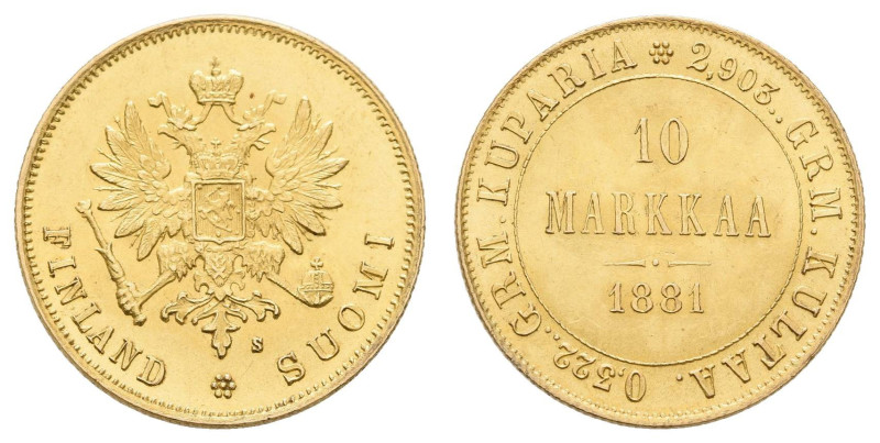 Europa und Übersee Finnland
 10 Markkaa, Gold, 1881, Alexander III., Fb. 5, vz....