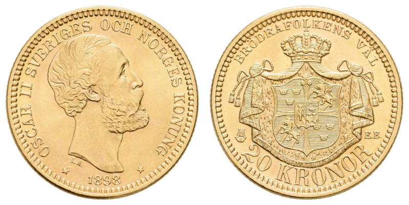 Europa und Übersee Schweden
 20 Kronen, Gold, 1898, Oskar II., Fb. 93a, wz. Kr....