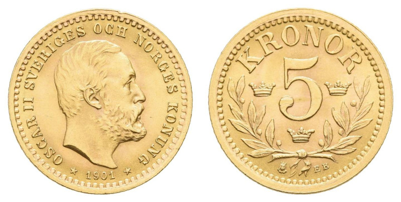 Europa und Übersee Schweden
 5 Kronen, Gold, 1901, Oskar II., Fb. 95a, vz-st.