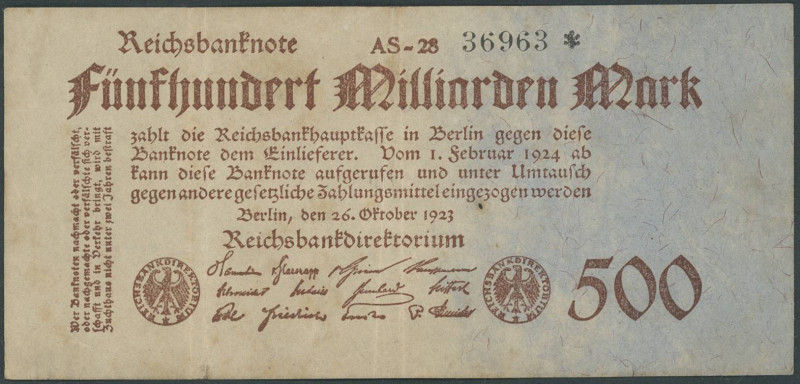 Banknoten Deutsche Reichsbanknoten 1874-1945
 500 Mrd. Mark 26.10.1923, FZ brau...