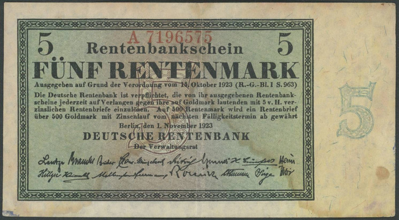 Banknoten Deutsche Reichsbanknoten 1874-1945
 Deutsche Rentenbank, 5 Rentenmark...