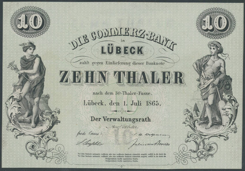 Banknoten Deutsche Länderbanknoten 1871-1935
 Lübeck, Die Comerz-Bank, 10 Thale...