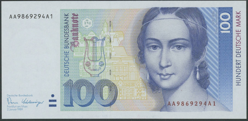 Banknoten Geldscheine Deutsche Bundesbank
 100 DM 2.1.1989 Ser. AA/A, nicht häu...