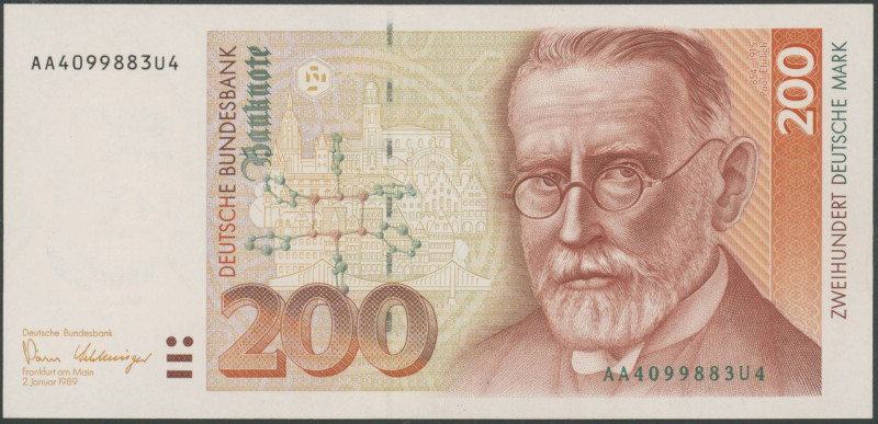 Banknoten Geldscheine Deutsche Bundesbank
 200 DM 2.1.1989 Ser. AA/U, Ro.295a E...