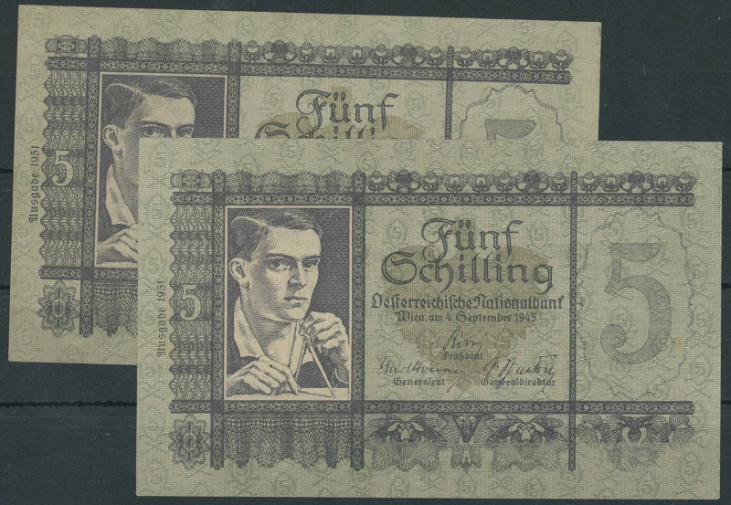 Banknoten Banknoten Europa
 Österreich, 5 Schilling 4.9.1945 (2x), Richter 283,...