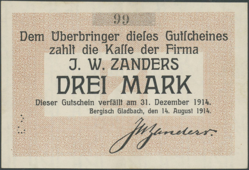 Banknoten Notgeld Scheine
 Bergisch-Gladbach (Rheinland) J.W. Zanders (Papierfa...