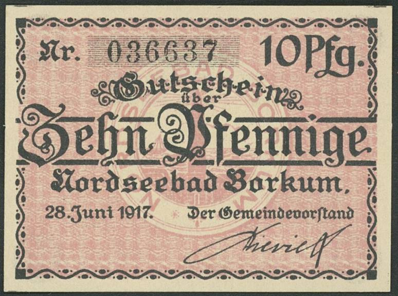 Banknoten Notgeld Scheine
 Borkum (Han/Ns) Gemeinde, 2x5 (I u. III), 2x10 (I un...