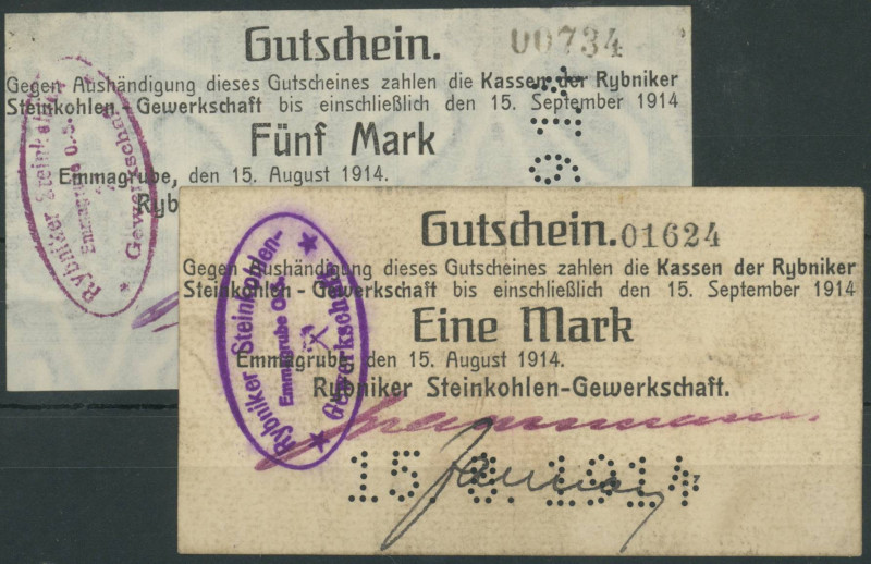 Banknoten Notgeld Scheine
 Emmagrube (Oberschlesien/Polen) Rybniker Steinkohlen...