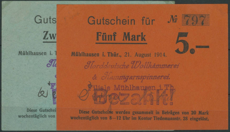 Banknoten Notgeld Scheine
 Mühlhausen i.Thüringen (Provinz Sachsen), Norddeutsc...