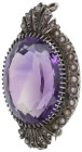 Antikschmuck
 Amethyst Perlen Brosche, 800 Silber vergoldet, ungestempelt, oval facettierter Amethyst von ca. 45 ct., 42 Saatperlen (3 davon fehlen),...