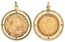 Halsschmuck Anhänger
 Anhänger, 585 Gold, mit Goldmünze 900 Gold GB Sovereign 1911, Dm 2,9cm, ca. 10,8g.