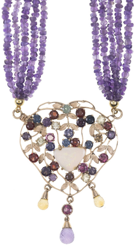 Halsschmuck Colliers
 Amethyst Opal Farbstein Collier, 585 Gold, 20 Jh., 5 reih...