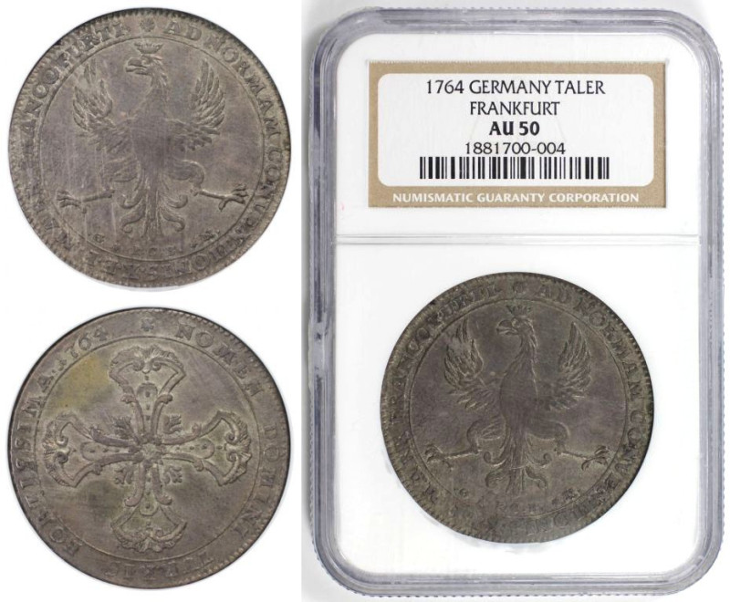 Altdeutsche Münzen und Medaillen, FRANKFURT. Taler 1764 G PCB N. Silber. NGC AU ...