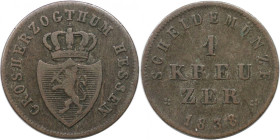 Altdeutsche Münzen und Medaillen, HESSEN - DARMSTADT. Ludwig II. (1830-1848). 1 Kreuzer 1838. KM 303. Sehr schön