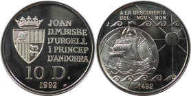 Europäische Münzen und Medaillen, Andorra. 500. Jahrestag der Entdeckung Amerikas. 10 Diners 1992. 31,10 g. 0.925 Silber. 0.93 OZ. KM 78. Polierte Pla...