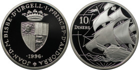 Europäische Münzen und Medaillen, Andorra. Segelschiff. 10 Diners 1996. 31,47 g. 0.925 Silber. 0.94 OZ. KM 120. Polierte Platte