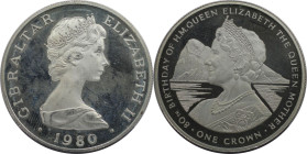 Europäische Münzen und Medaillen, Gibraltar. Geburtstag Königinmutter Elizabeth. 1 Crown 1980. 28,28 g. 0.925 Silber. 0.84 OZ. KM 11a. Polierte Platte...