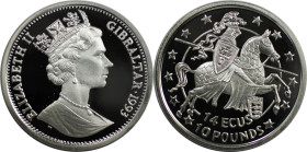 Europäische Münzen und Medaillen, Gibraltar. Elizabeth II. 14 Ecus - 10 Pounds 1993. 10,0 g. 0.925 Silber. 0.297 OZ. KM 627. Ritter zu Pferde nach rec...