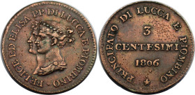 Europäische Münzen und Medaillen, Italien / Italy. Lucca. Elisa Bonaparte und Felix Baciocchi (1805-1814). 3 Centesimi 1806. Kupfer. KM 21. Sehr schön...