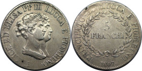 Europäische Münzen und Medaillen, Italien / Italy. Lucca. Elisa Bonaparte und Felix Baciocchi (1805-1814). 5 Franchi 1807, Florenz. Silber. 24,73 g. D...