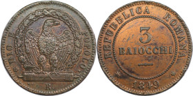 Europäische Münzen und Medaillen, Italien / Italy. Römische Republik. 3 Baiocchi 1849 R. Kupfer. KM 23. Sehr schön