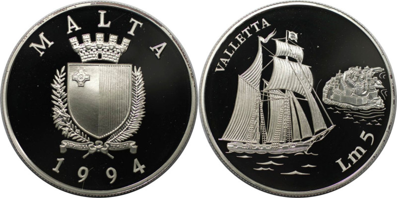 Europäische Münzen und Medaillen, Malta. Segelschiff - Valletta. 5 Liri 1994. 31...